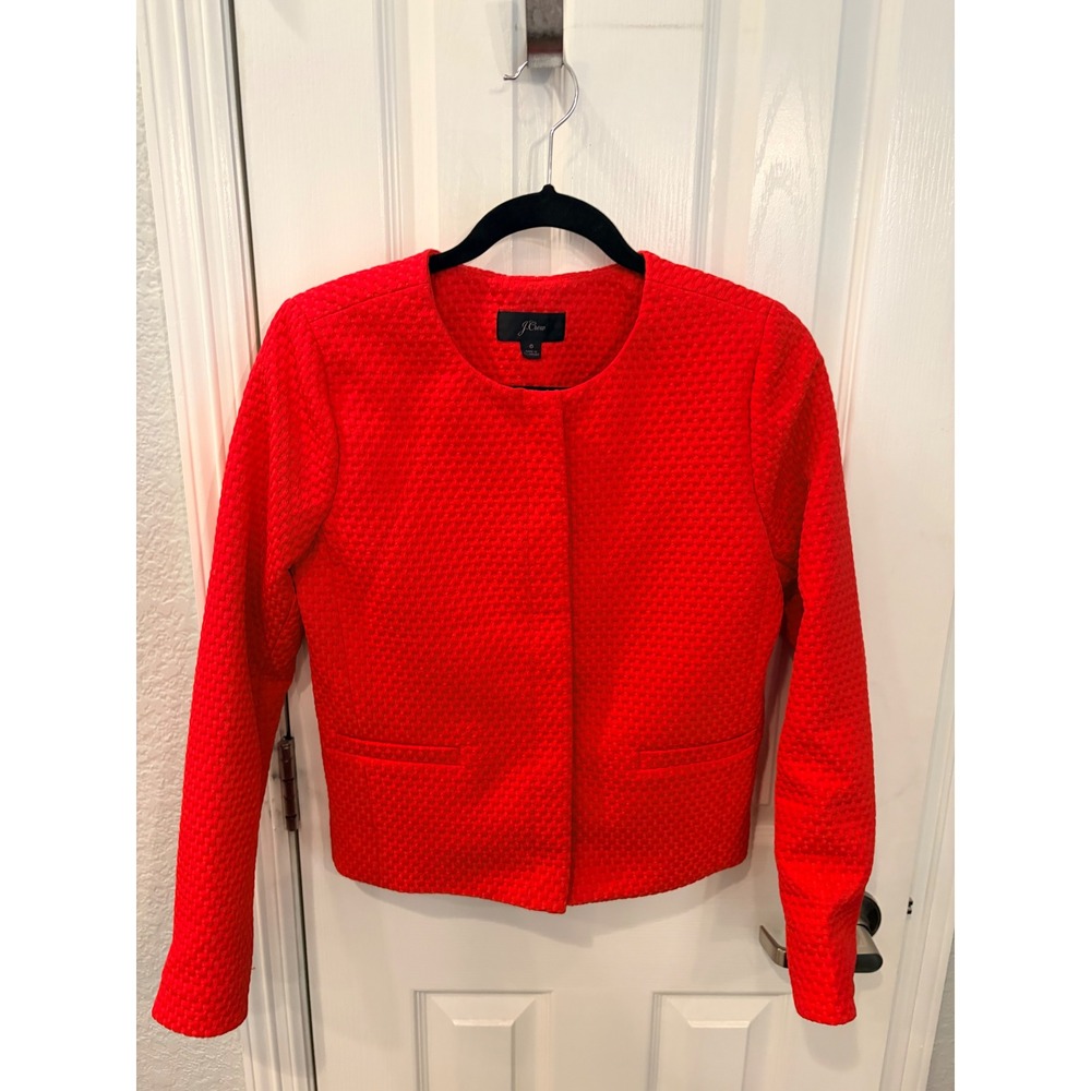 J.Crew Blazer Red Textured Matelasse Collarless Snap Front Career Jacket 6